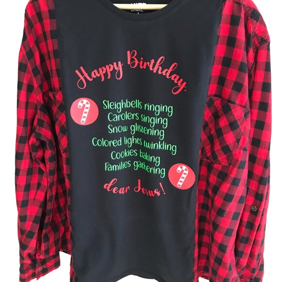 Plaid Flannel Shirt Upcycle, Size L XL 2XL: Oversized Christmas Graphic T-Shirt - Picture 1 of 7